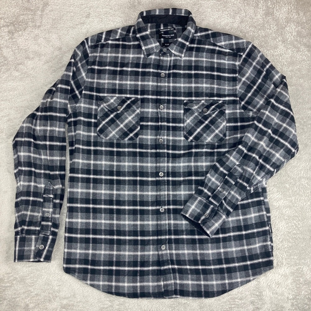 Kenneth Cole New York Flannel Shirt Mens Large Slim Fit Plaid Black White Gray‎